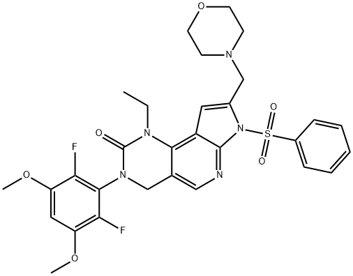 2H-Pyrrolo[3',2':5,6]pyrido[4,3-d]pyrimidin-2-one, 3-(2,6-difluoro-3,5-dimethoxyphenyl)-1-ethyl-1,3,4,7-tetrahydro-8-(4-morpholinylmethyl)-7-(phenylsulfonyl)- 化学構造式