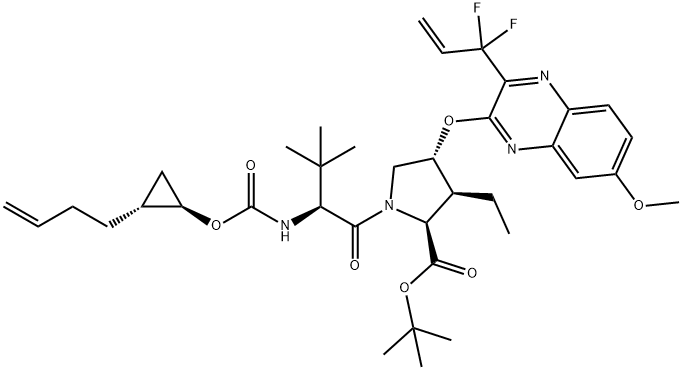 tert-butyl (33R,34S,35S,91R,92R,5S,E)-5-(tert-butyl)-34-ethyl-14,14-difluoro-17-methoxy-4,7-dioxo-2,8-dioxa-6-aza-1(2,3)-quinoxalina-3(3,1)-pyrrolidina-9(1,2)-cyclopropanacyclotetradecaphan-12-ene-35-carboxylate Structure