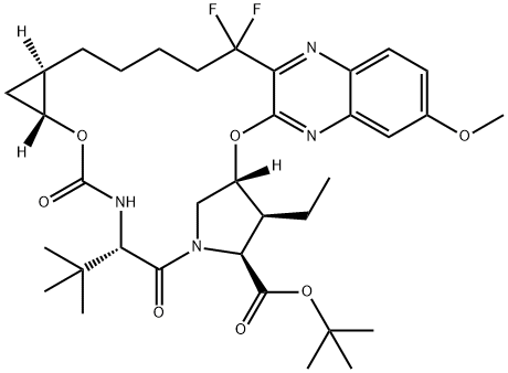 tert-butyl (33R,34S,35S,91R,92R,5S)-5-(tert-butyl)-34-ethyl-14,14-difluoro-17-methoxy-4,7-dioxo-2,8-dioxa-6-aza-1(2,3)-quinoxalina-3(3,1)-pyrrolidina-9(1,2)-cyclopropanacyclotetradecaphane-35-carboxylate 化学構造式