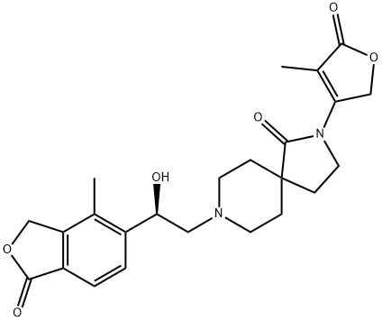 2,8-Diazaspiro[4.5]decan-1-one, 2-(2,5-dihydro-4-methyl-5-oxo-3-furanyl)-8-[(2R)-2-(1,3-dihydro-4-methyl-1-oxo-5-isobenzofuranyl)-2-hydroxyethyl]- Structure