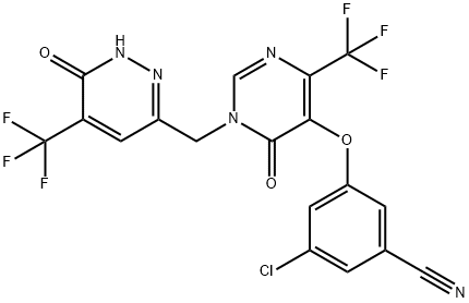 3-chloro-5-((6-oxo-1-((6-oxo-5-(trifluoromethyl)-1,6-dihydropyridazin-3-yl) methyl)-4-(trifluoromethyl)-1,6-dihydropyrimidin-5-yl)oxy)benzonitrile Struktur