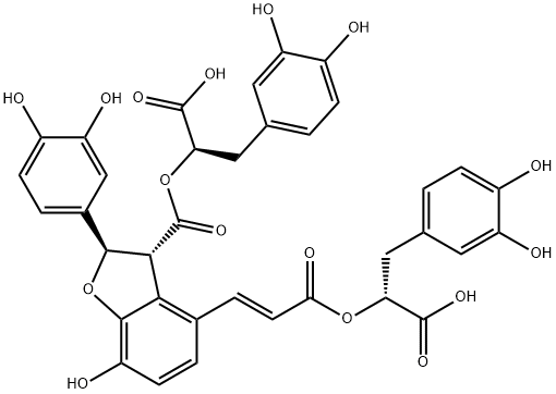 3-Benzofurancarboxylic acid, 4-[(1E)-3-[(1R)-1-carboxy-2-(3,4-dihydroxyphenyl)ethoxy]-3-oxo-1-propen-1-yl]-2-(3,4-dihydroxyphenyl)-2,3-dihydro-7-hydroxy-, 3-[(1R)-1-carboxy-2-(3,4-dihydroxyphenyl)ethyl] ester, (2R,3R)- 结构式