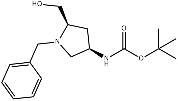 Carbamic acid, N-[(3R,5R)-5-(hydroxymethyl)-1-(phenylmethyl)-3-pyrrolidinyl]-, 1,1-dimethylethyl ester 化学構造式