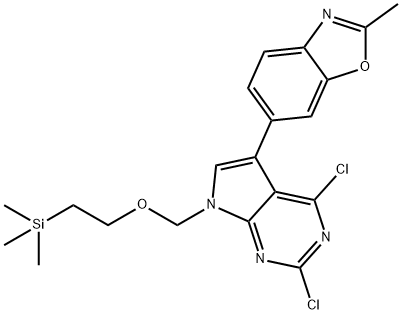 7H-Pyrrolo[2,3-d]pyrimidine, 2,4-dichloro-5-(2-methyl-6-benzoxazolyl)-7-[[2-(trimethylsilyl)ethoxy]methyl]- 化学構造式