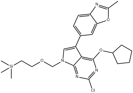 7H-Pyrrolo[2,3-d]pyrimidine, 2-chloro-4-(cyclopentyloxy)-5-(2-methyl-6-benzoxazolyl)-7-[[2-(trimethylsilyl)ethoxy]methyl]- Struktur