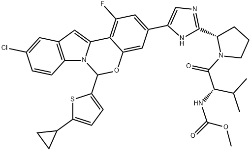 甲基{(2S)-1-[(2S)-2-{5-[10-氯-6-(5-环丙基-2-噻吩基)-1-氟吲哚[1,2-C][1,3]苯并恶嗪-3-基]-1H-咪唑-2-基}-1-吡咯烷基]-3-甲基-1-氧代-2-丁基}氨基甲酸酯, 1620454-55-8, 结构式