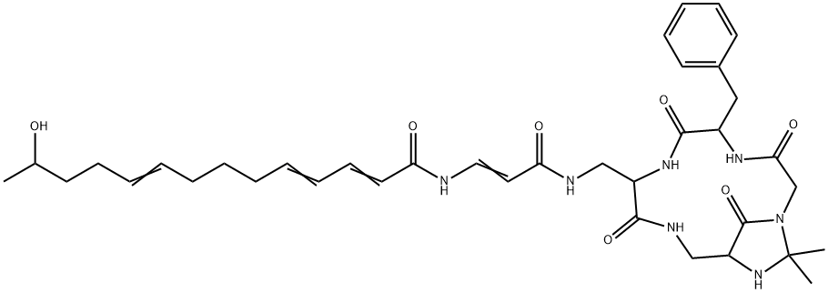 2,4,9-Tetradecatrienamide, N-[3-[[[14,14-dimethyl-3,6,9,15-tetraoxo-5-(phenylmethyl)-1,4,7,10,13-pentaazabicyclo[10.2.1]pentadec-8-yl]methyl]amino]-3-oxo-1-propenyl]-13-hydroxy- (9CI) Struktur