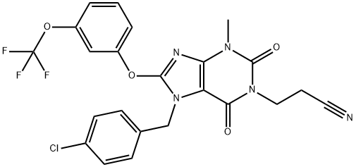 3-(7-(4-chlorobenzyl)-3-methyl-2,6-dioxo-8-(3-(trifluoromethoxy)phenoxy)-2,3,6,7-tetrahydro-1H-purin-1-yl)propanenitrile,1628287-27-3,结构式