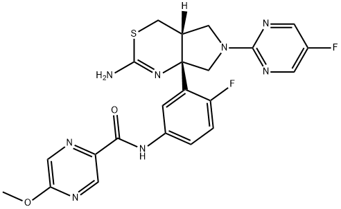 N-(3-((4aR,7aS)-2-amino-6-(5-fluoropyrimidin-2-yl)-4a,5,6,7-tetrahydropyrrolo[3,4-d][1,3]thiazin-7a(4H)-yl)-4-fluorophenyl)-5-methoxypyrazine-2-carboxamide4-methylbenzenesulfonate 化学構造式