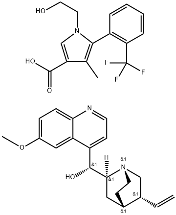 Cinchonan-9-ol, 6'-methoxy-, (8α,9R)-, (5S)-1-(2-hydroxyethyl)-4-methyl-5-[3-(trifluoromethyl)phenyl]-1H-pyrrole-3-carboxylate (1:1) 化学構造式