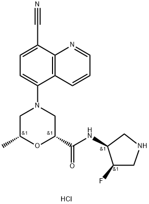 :2-Morpholinecarboxamide,4-(8-cyano-5-quinolinyl)-N-((3S,4R) -4- fluoro-3-pyrrolidinyl)-6-methyl-, hydrochloride (1:1), (2R,6R)- 化学構造式