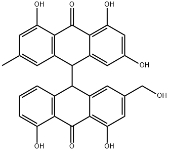 [9,9'-Bianthracene]-10,10'(9H,9'H)-dione, 2,4,4',5,5'-pentahydroxy-2'-(hydroxymethyl)-7-methyl- 化学構造式