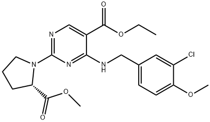 5-Pyrimidinecarboxylic acid, 4-[[(3-chloro-4-methoxyphenyl)methyl]amino]-2-[(2S)-2-(methoxycarbonyl)-1-pyrrolidinyl]-, ethyl ester Structure