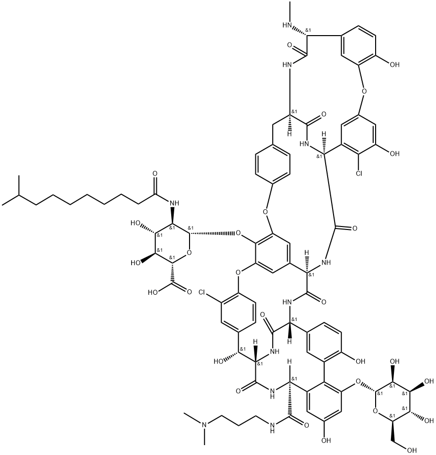 Ristomycin A aglycone, 5,31-dichloro-38-de(methoxycarbonyl)-7-demethyl-19-deoxy-56-O-[2-deoxy-2-[(9-methyl-1-oxodecyl)amino]-β-D-glucopyranuronosyl]-38-[[[3-(dimethylamino)propyl]amino]carbonyl]-42-O-α-D-mannopyranosyl-N15-methyl- (9CI) Structure