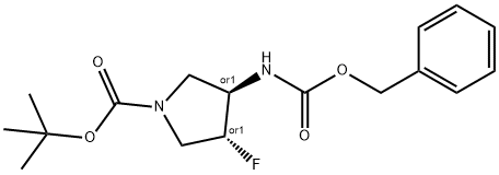 tert-butyl Trans-3-(((benzyloxy)carbonyl)amino)-4-fluoropyrrolidine-1-carboxylate racemate 化学構造式