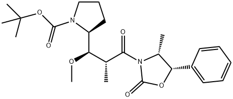 1-Pyrrolidinecarboxylic acid, 2-[(1R,2R)-1-methoxy-2-methyl-3-[(4R,5S)-4-methyl-2-oxo-5-phenyl-3-oxazolidinyl]-3-oxopropyl]-, 1,1-dimethylethyl ester, (2S)- 化学構造式