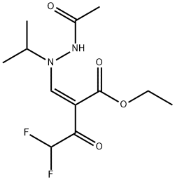 Butanoic acid, 2-[[2-acetyl-1-(1-methylethyl)hydrazinyl]methylene]-4,4-difluoro-3-oxo-, ethyl ester, (2Z)-,1810871-59-0,结构式