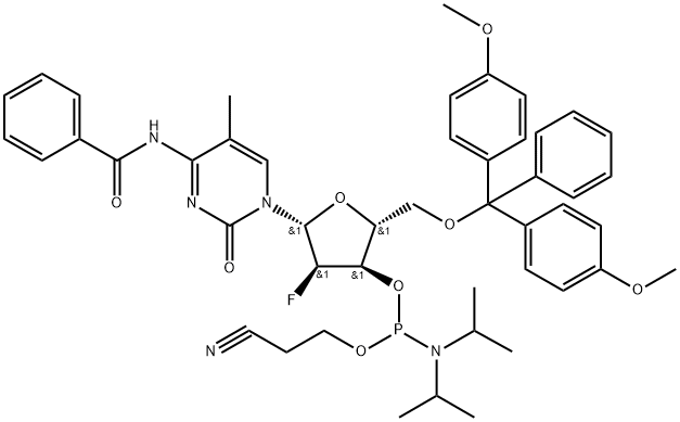 N-Benzoyl-2'-deoxy-5'-O-DMT-2'-fluoro-5-methylcytidine 3'-CE phosphoramidite 结构式