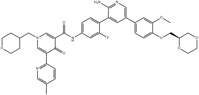 [2,3'-Bipyridine]-5'-carboxamide, N-[4-[2-amino-5-[4-[(2R)-1,4-dioxan-2-ylmethoxy]-3-methoxyphenyl]-3-pyridinyl]-3-fluorophenyl]-1',4'-dihydro-5-methyl-4'-oxo-1'-[(tetrahydro-2H-pyran-4-yl)methyl]- Struktur