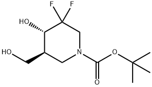 tert-butyl Trans-3,3-difluoro-4-hydroxy-5-(hydroxymethyl)piperidine-1-carboxylate racemate 化学構造式