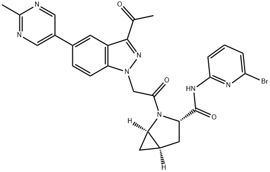 2-Azabicyclo[3.1.0]hexane-3-carboxamide, 2-[2-[3-acetyl-5-(2-methyl-5-pyrimidinyl)-1H-indazol-1-yl]acetyl]-N-(6-bromo-2-pyridinyl)-, (1R,3S,5R)-,1903742-34-6,结构式