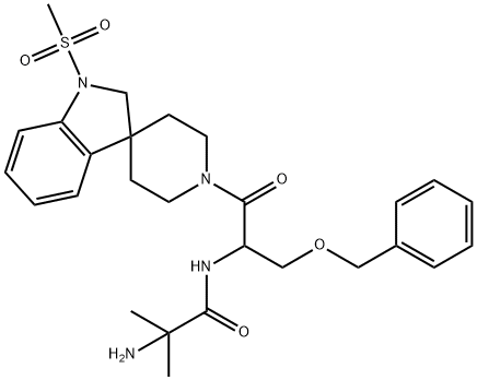 Propanamide, 2-amino-N-[2-[1,2-dihydro-1-(methylsulfonyl)spiro[3H-indole-3,4'-piperidin]-1'-yl]-2-oxo-1-[(phenylmethoxy)methyl]ethyl]-2-methyl- 化学構造式