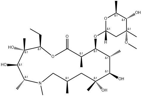 1-Oxa-6-azacyclopentadecan-15-one, 13-[(2,6-dideoxy-3-C-methyl-3-O-methyl-α-L-ribo-hexopyranosyl)oxy]-2-ethyl-3,4,10,11-tetrahydroxy-3,5,6,8,10,12,14-heptamethyl-, (2R,3S,4R,5R,8R,10R,11R,12R,13S,14R)-,1914946-68-1,结构式