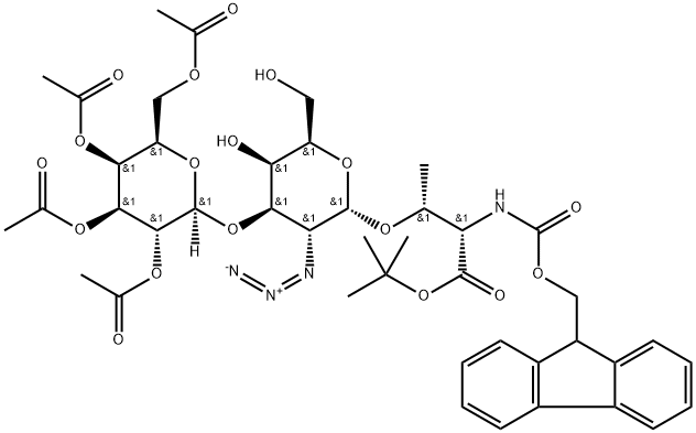 N-[(9H-fluoren-9-yl)-methoxycarbonyl]-O-[O-(2'',3'',4'',6''-tetra-O-acetyl-β-D-galactopyranosyl)-(1''-3)-(2-azido-2-deoxy-α-D-galactopyranosyl)]-L-threonine tert-butyl ester Structure
