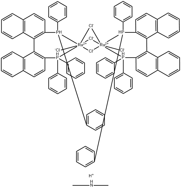 Dimethylammoniumdichlorotri(mu-chloro)bis[(R)-(+)-2,2'-bis(diphenylphosphino)-1,1'-binaphthyl]diruthenate(II) Struktur