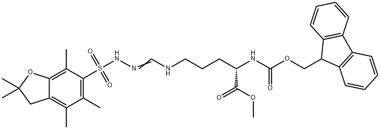 L-Ornithine, N5-[[[(2,3-dihydro-2,2,4,5,7-pentamethyl-6-benzofuranyl)sulfonyl]amino]iminomethyl]-N2-[(9H-fluoren-9-ylmethoxy)carbonyl]-, methyl ester Structure