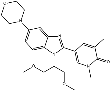 2(1H)-Pyridinone, 5-[1-[2-methoxy-1-(methoxymethyl)ethyl]-5-(4-morpholinyl)-1H-benzimidazol-2-yl]-1,3-dimethyl- Struktur