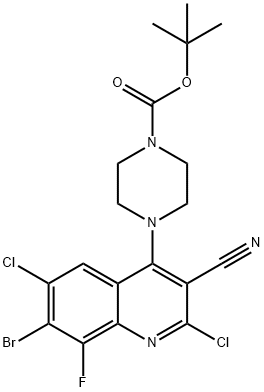 1-Piperazinecarboxylic acid, 4-(7-bromo-2,6-dichloro-3-cyano-8-fluoro-4-quinolinyl)-, 1,1-dimethylethyl ester 化学構造式