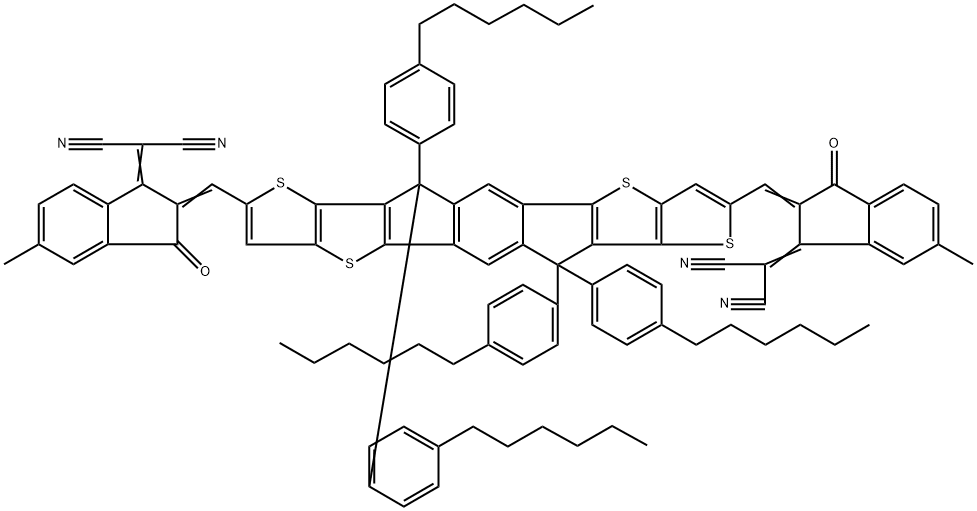 丙二腈,2,2′-[[6,6,12,12-四(4-己基苯基)-6,12-二氢二噻吩并[2,3-D:2′,3′-D′]-S-茚二苯[ 1,2-B:5,6-B']二噻吩-2,8-二基]双[亚甲基(5-甲基-3-氧代-1H-茚-2,1(3H)-二亚基)]]双-,2047352-83-8,结构式