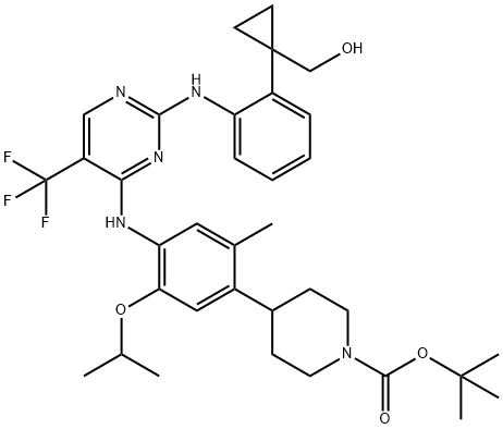 1-Piperidinecarboxylic acid, 4-[4-[[2-[[2-[1-(hydroxymethyl)cyclopropyl]phenyl]amino]-5-(trifluoromethyl)-4-pyrimidinyl]amino]-2-methyl-5-(1-methylethoxy)phenyl]-, 1,1-dimethylethyl ester Structure