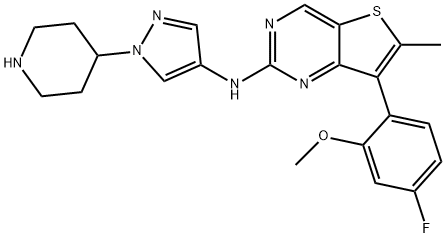 Thieno[3,2-d]pyrimidin-2-amine, 7-(4-fluoro-2-methoxyphenyl)-6-methyl-N-[1-(4-piperidinyl)-1H-pyrazol-4-yl]- Structure