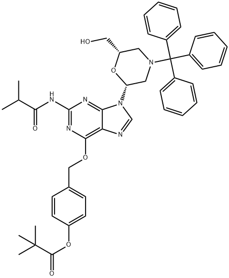 N2-Isobutyryl-O6-(4-pivaloyloxybenzyl)-7'-OH-N-trityl-Morpholino guanosine Structure