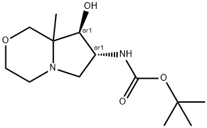 Carbamic acid, N-[(7R,8S)-hexahydro-8-hydroxy-8a-methyl-1H-pyrrolo[2,1-c][1,4]oxazin-7-yl]-, 1,1-dimethylethyl ester, rel- Struktur