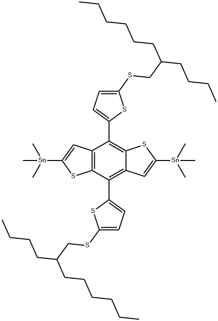 (4,8-bis(5-((2-butyloctyl)thio)thiophen-2-yl)benzo[1,2-b:4,5-b']dithiophene-2,6-diyl)bis(trimethylstannane) 化学構造式