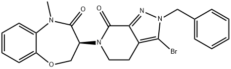 1,5-Benzoxazepin-4(5H)-one, 3-[3-bromo-2,4,5,7-tetrahydro-7-oxo-2-(phenylmethyl)-6H-pyrazolo[3,4-c]pyridin-6-yl]-2,3-dihydro-5-methyl-, (3S)- 化学構造式