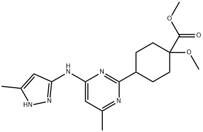 Cyclohexanecarboxylic acid, 1-methoxy-4-[4-methyl-6-[(5-methyl-1H-pyrazol-3-yl)amino]-2-pyrimidinyl]-, methyl ester|METHYL 1-METHOXY-4-(4-METHYL-6-((5-METHYL-1H-PYRAZOL-3-YL)AMINO)PYRIMIDIN-2-YL)CYCLOHEXANE-1-CARBOXY