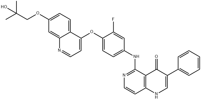 1,6-Naphthyridin-4(1H)-one, 5-[[3-fluoro-4-[[7-(2-hydroxy-2-methylpropoxy)-4-quinolinyl]oxy]phenyl]amino]-3-phenyl- Struktur