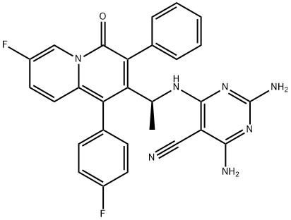 5-Pyrimidinecarbonitrile, 2,4-diamino-6-[[(1S)-1-[7-fluoro-1-(4-fluorophenyl)-4-oxo-3-phenyl-4H-quinolizin-2-yl]ethyl]amino]- 化学構造式