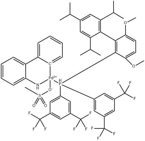 [(2-{Bis[3,5-bis(trifluoromethyl)phenyl]phosphine}-3,6-dimethoxy- 2′,4′,6′- triisopropyl-1,1′-biphenyl )-2-(2′-amino-1,1′-biphenyl)]palladium(II) methanesulfonate 化学構造式