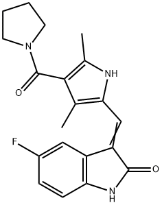 2H-Indol-2-one, 3-[[3,5-dimethyl-4-(1-pyrrolidinylcarbonyl)-1H-pyrrol-2-yl]methylene]-5-fluoro-1,3-dihydro- 化学構造式