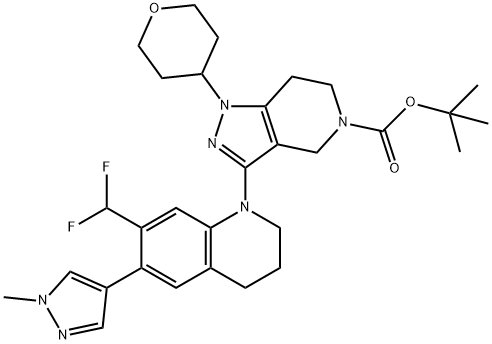 5H-Pyrazolo[4,3-c]pyridine-5-carboxylic acid, 3-[7-(difluoromethyl)-3,4-dihydro-6-(1-methyl-1H-pyrazol-4-yl)-1(2H)-quinolinyl]-1,4,6,7-tetrahydro-1-(tetrahydro-2H-pyran-4-yl)-, 1,1-dimethylethyl ester Struktur