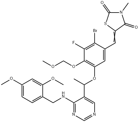 (E)-5-(2-bromo-5-(1-(4-((2,4-dimethoxybenzyl)amino)pyrimidin-5-yl)ethoxy)-3-fluoro-4-(methoxymethoxy)benzylidene)-3-methylthiazolidine-2,4-dione Structure