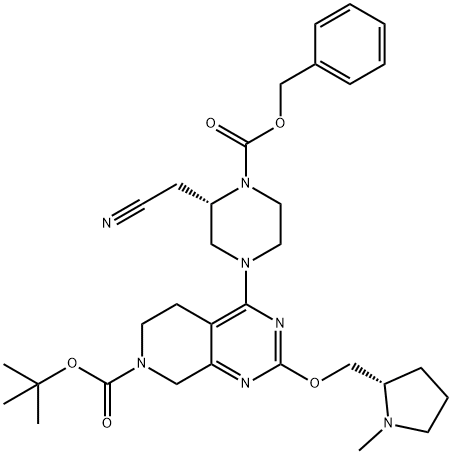 Pyrido[3,4-d]pyrimidine-7(6H)-carboxylic acid, 4-[(3S)-3-(cyanomethyl)-4-[(phenylmethoxy)carbonyl]-1-piperazinyl]-5,8-dihydro-2-[[(2S)-1-methyl-2-pyrrolidinyl]methoxy]-, 1,1-dimethylethyl ester Structure