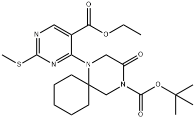 1,4-Diazaspiro[5.5]undecane-4-carboxylic acid, 1-[5-(ethoxycarbonyl)-2-(methylthio)-4-pyrimidinyl]-3-oxo-, 1,1-dimethylethyl ester 化学構造式