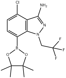 1H-Indazol-3-amine, 4-chloro-7-(4,4,5,5-tetramethyl-1,3,2-dioxaborolan-2-yl)-1-(2,2,2-trifluoroethyl)- 化学構造式