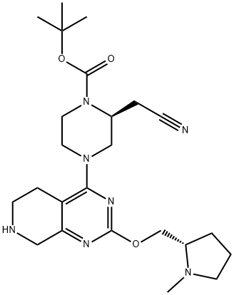 1-Piperazinecarboxylic acid, 2-(cyanomethyl)-4-[5,6,7,8-tetrahydro-2-[[(2S)-1-methyl-2-pyrrolidinyl]methoxy]pyrido[3,4-d]pyrimidin-4-yl]-, 1,1-dimethylethyl ester, (2S)- 化学構造式